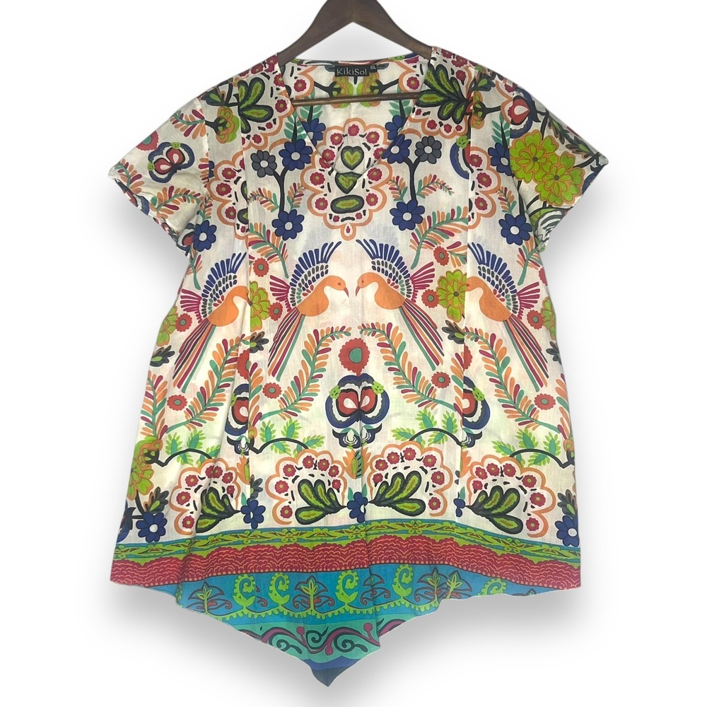 Kiki Sol Bird Print 100% Cotton Tunic Swim Cover Up‎ Colorful Boho Vacation XXL